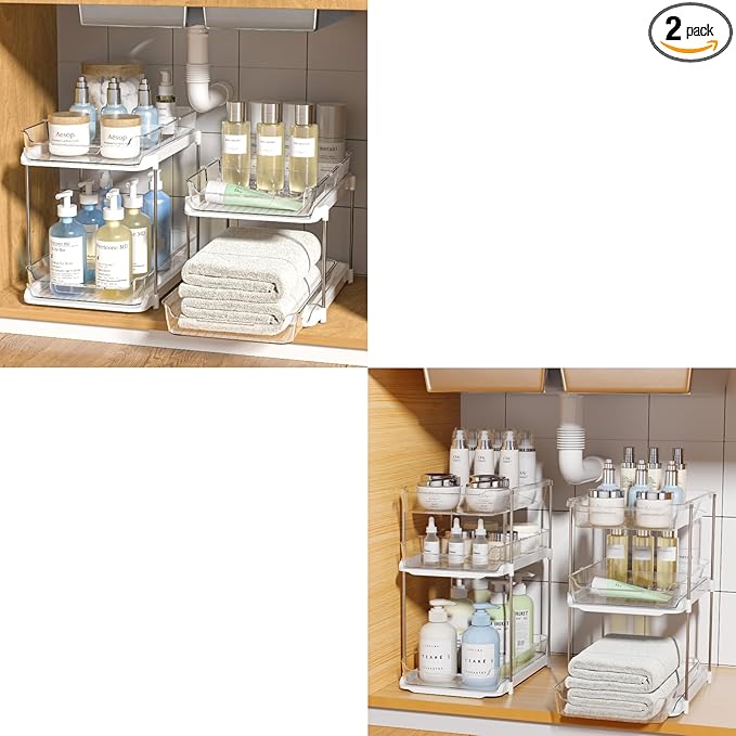 Delamu 2 Sets of 2-Tier Multi-Purpose Bathroom Under Sink Organizers and Storage and 2 Sets of 3-Tier Bathroom Under Sink Org