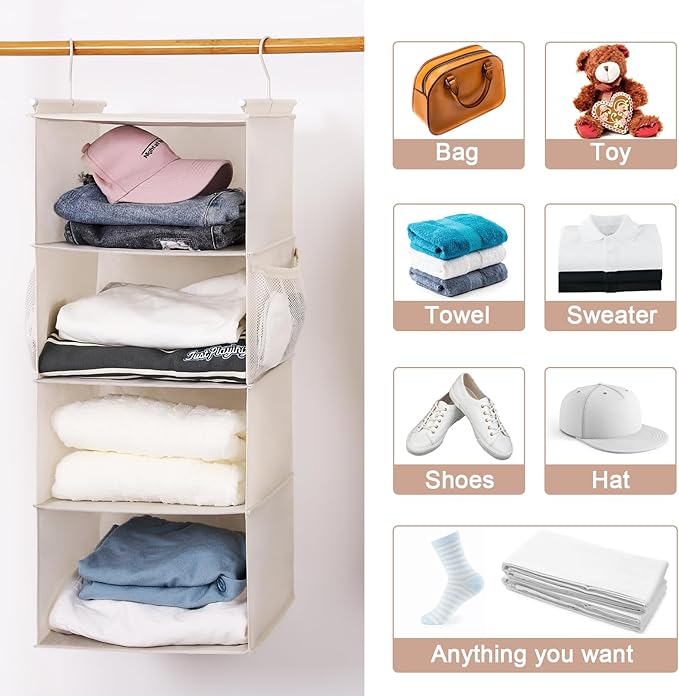 MAX Houser 4 Tier Shelf Hanging Closet Organizer, Space Saver,Closet Hanging Shelf with 2 Sturdy Hooks for Storage, Foldable 