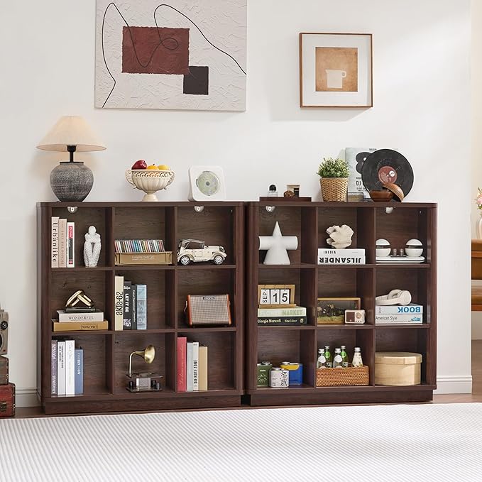 Joaxswe 9 Cube Bookshelf, 40.5" Wide Organizer Bookcase with Curved Edge, Wood Floor Standing 3-Tier Cubby Book Shelf with Ba