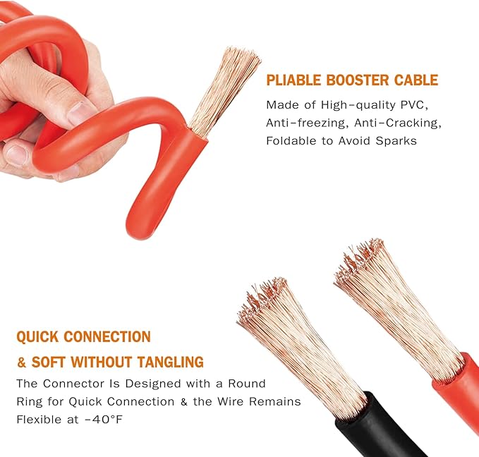 NOONE 2 Gauge Jumper Cable Heavy Duty Car Battery Clamps, for Jump Starting Dead or Weak Batteries Booster Cables with S7 Reverse Polarity Protection and Carry (2 Gauge 20 Feet)