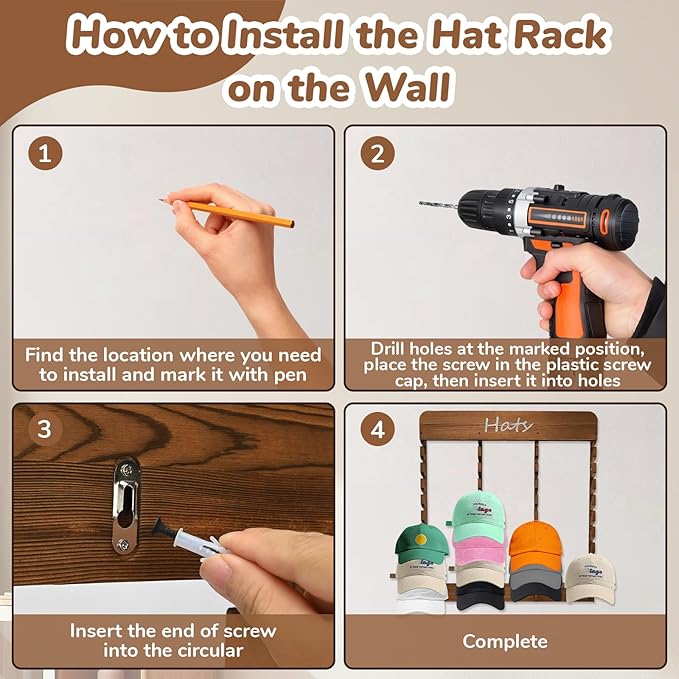 Wooden Hat Racks for Baseball Caps, 40-Slot Wall Mount Baseball Cap Rack, Hat Organizer for Display and Storage, Vertical Cap