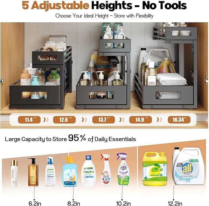 1-Pack Under Sink Organizers and Storage,2-Tier L Shape Pull Out Cabinet Organizer With Round Tube Slide Rails,Hight Adjustab