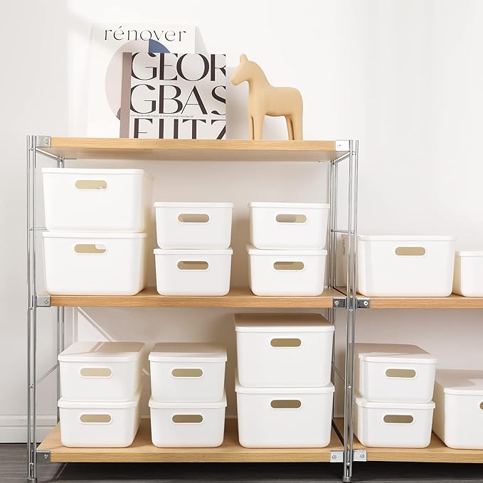 Yishyfier Plastic Storage Baskets Bins Boxes With Lids,Organizing Container White Storage Organizer Bins For Shelves Drawers 
