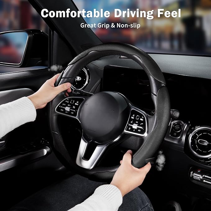 Nappa Leather Car Steering Wheel Cover for Men Women, Ultra-Thin Non-Slip Breathable Microfibre, Universal for 14.5"-15" Stee