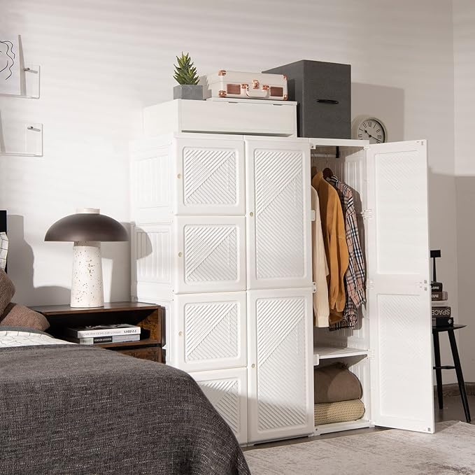 Tangkula Portable Closet Wardrobe, Foldable Clothes Organizer with Cubby Storage, Hanging Rods, Easy Assemble Clothing Storag
