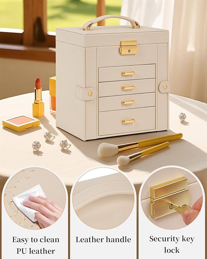 TORIBIO Jewelry Box for Women, Leather Jewelry Organizer with Mirror & Lock, 5-Tier Jewelry Storage Organizer with 4 Drawers 