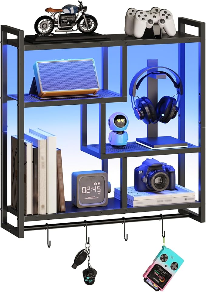 HOOBRO Gaming Floating Shelves with LED Lights, 28.7" LED Wall Mounted Shelf, 4-Tier Floating Wall Shelf for Storage, Display