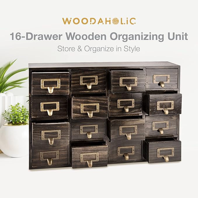 Dark Ash 16-Drawer Card Catalog Artisan Drawer Chest - 20"x3.6"x14" - Desktop Apothecary Crafted in Solid Wood, Curating Time