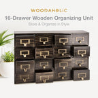 Dark Ash 16-Drawer Card Catalog Artisan Drawer Chest - 20"x3.6"x14" - Desktop Apothecary Crafted in Solid Wood, Curating Time