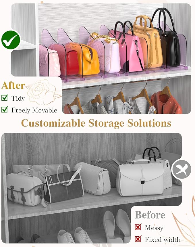 SURETIVIAN Rose Purse Dividers for Closet, 2 Pack Clear Clutch Purse Closet Organizers, Adjustable Handbag Storage Organizers