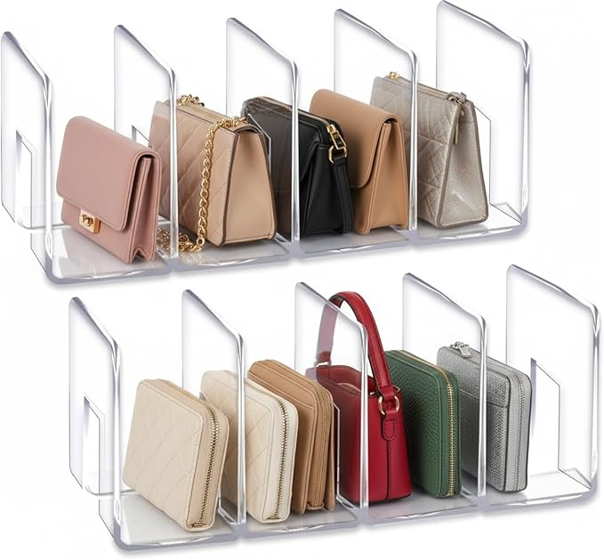 YAGELI Clear Acrylic Purse Organizer for Closet, 3-4 Section Desk File Sorter, 2.95" Wide Slots for Clutches, Handbags, Binde