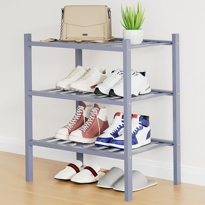 Smiry Shoe Rack, 3 Tier Small Bamboo Shoe Organizer, Stackable Free Standing Wooden Shoe Storage Shelf for Closet, Entryway, 