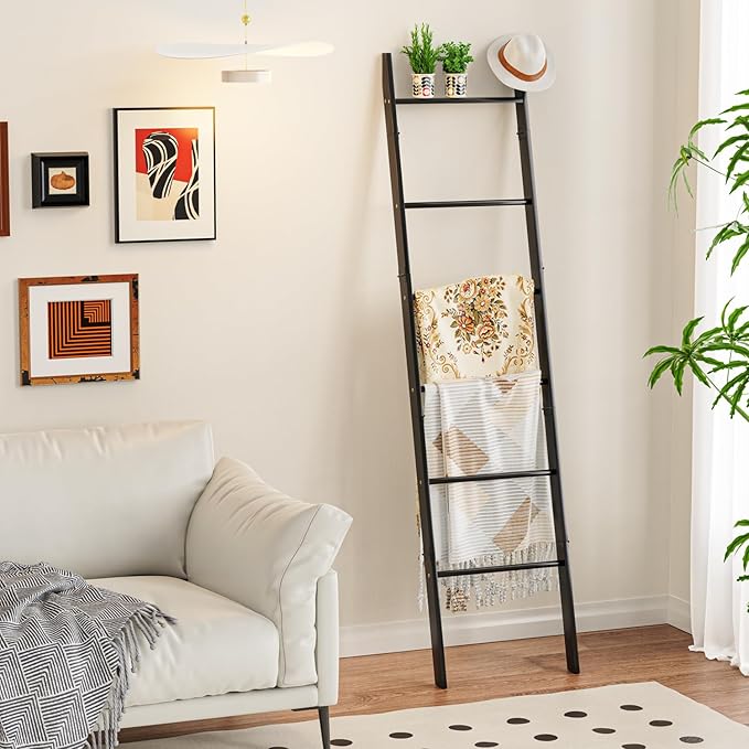 BAMBANG 6-Tier Blanket Ladder for Living Room, Blanket Quilt Ladder Rack Rustic Decorative Towel Holder, Wall Leaning Blanket
