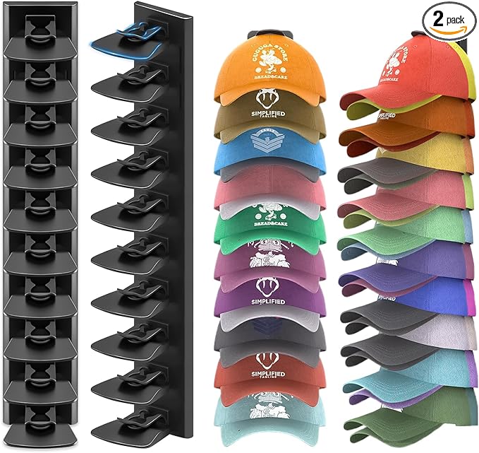 Baseball Cap Storage Rack Wall Mounted - 2-Pack - Holds 40 Caps, Space-Saving Storage and Display Rack - Strong Adhesive Wall