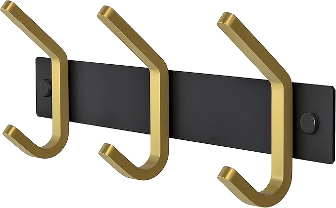 Small Coat Rack Wall Mount – Black and Gold Hook Rail with 3 Double Coat Hooks, 9 Inch Stainless Steel Wall Hooks for Entrywa