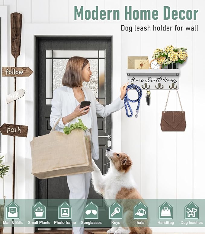 buways Wall-Mounted Key and Mail Holder, Wooden Key Rack with 4 Double Key Hooks, Rustic Home Decor for Entryway(White)