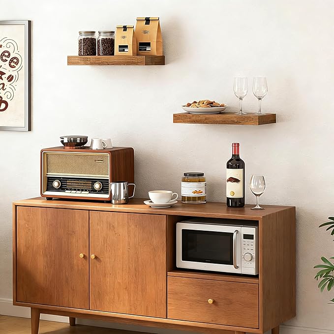 15.7 inch Rustic Brown Floating Shelves Set of 2, Solid Wood Wall Mounted Shelves, Heavy Duty Display Storage Shelves for Bed