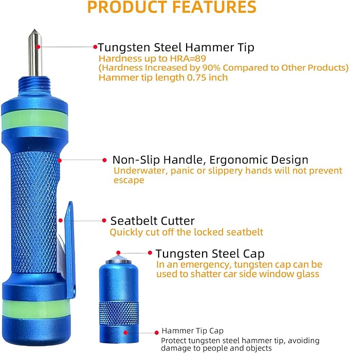 2-in-1 Window Breaker Seatbelt Cutter, Car Window Breaker Tool, Metal Glass Breaker - Extended Tungsten Steel Hammer Tip, Can