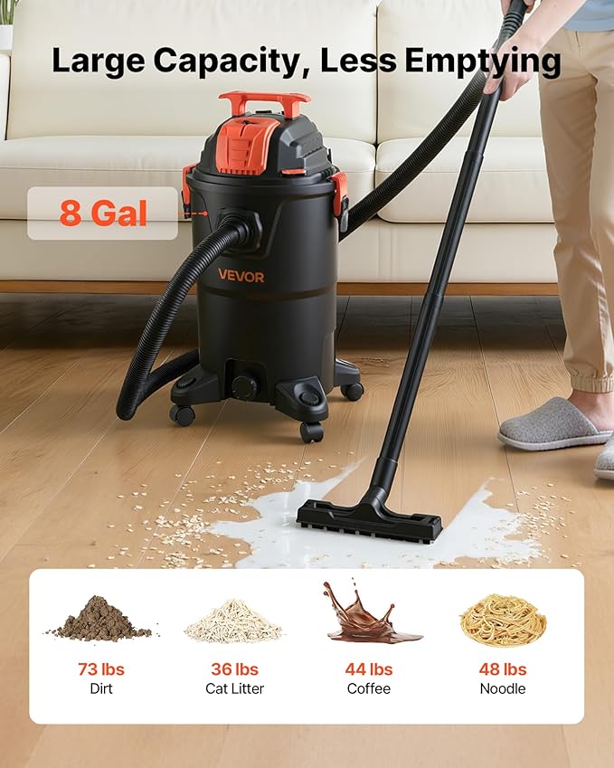 VEVOR Shop Vac, 8 Gallon Wet Dry Shop Vacuum, 4.5 Peak HP Portable with One-Button Self-Cleaning, Dual-Filter, 900W Input Pow