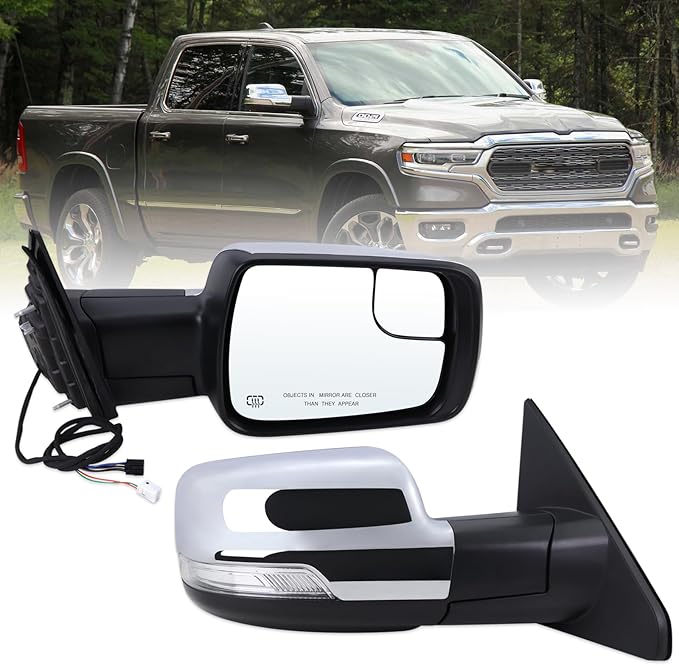 Right Passenger Side Mirror Compatible With 2019 2020 2021 2022 2023 2024 2025 2026 Ram 1500 With Power Folding Power Glass Heated Turn Signal Puddle Light Chrome Replace#68276500AH(8+2Pins)
