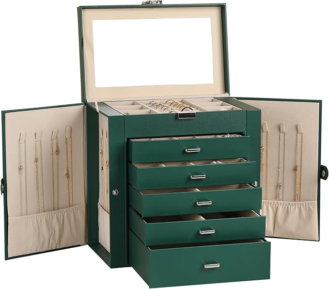 Frebeauty Large Jewelry Box,6-Tier PU Leather Jewelry Organizer,Multi-functional Storage Case with Mirror,Accessories Holder 
