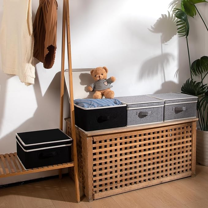 Storage Bins with Lid, Foldable Clothing Storage Box case with Handle for Closet, Bedroom, Home, Gray+Black, 13L x 12.5W x 7H