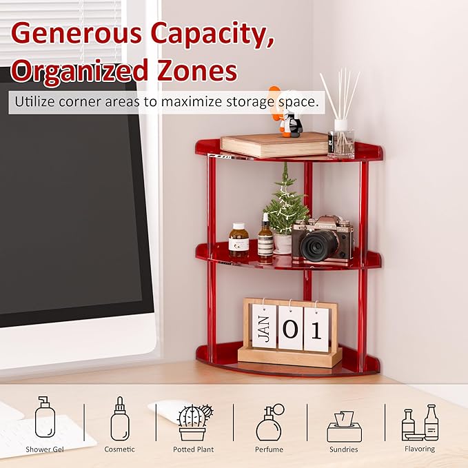 Sezanrpt 3 Tier Acrylic Corner Shelf Organizer Storage 9.5x9.5x15.7 Inch, Red Countertop Corner Shelf for Bathroom, Kitchen, 