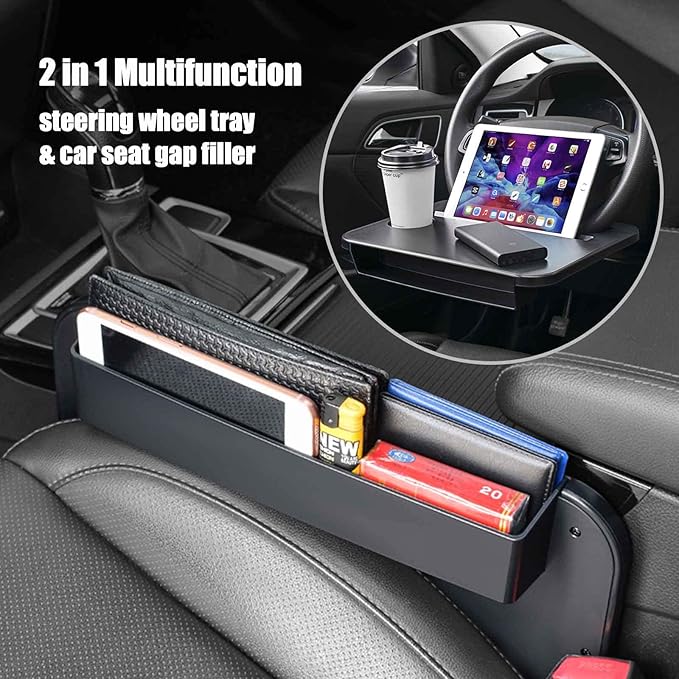 Double-use Steering Wheel Tray(14.5*11inch), Car Food Trays for Eating with Drinks Holder, Car Trays for Eating for Pad Laptop, Multipurpose Travel Car Accessories, Fits Most Vehicles Steering Wheels