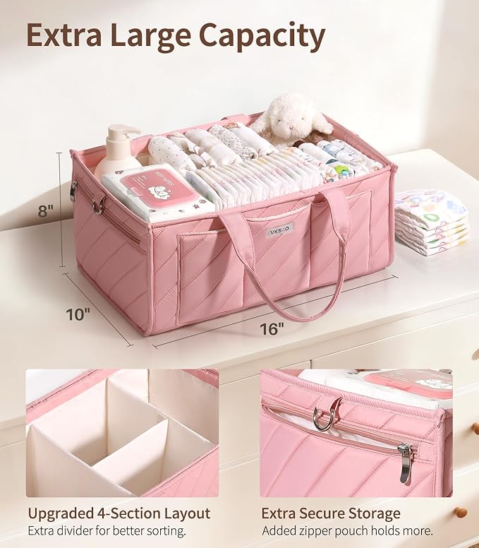 Extra Large Diaper Caddy Organizer – Big Nursery Storage Basket with Zipper Pocket, Shoulder Strap & Stroller Hooks, Water-Re