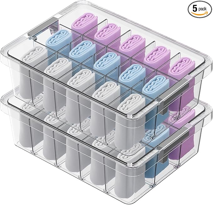 Socks Bra Underwear Drawer Organizer for Closet, 2 PCS Plastic Storage Box with 15 Removable Compartments and Lid, Clear Dres