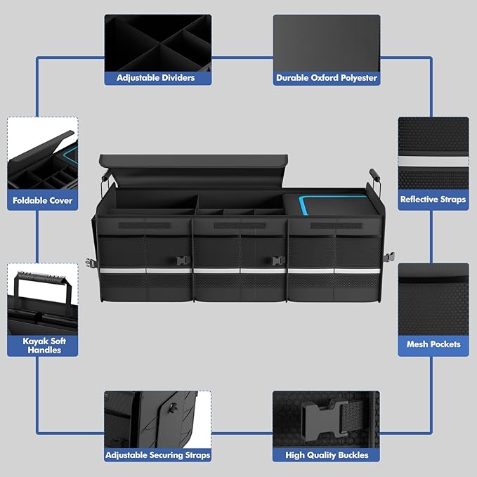 MEI&CO Car Trunk Organizer - 2.5mm PP Board Built, 35L Leakproof Cooler, 105L Capacity, 2 Tie-Down Straps, 4 Adjustable Divide