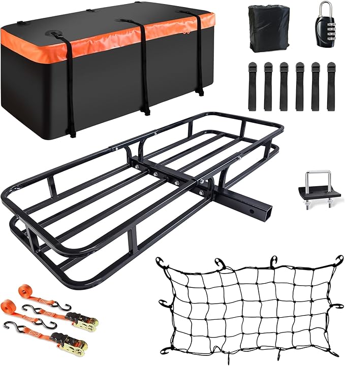 Hitch Mount Cargo Carrier Basket 53"*19"*5"+Waterproof Bag 9 Cubic Feet(51"*17"*18"),and Cargo Net with Attachment Hooks,Ratchet Straps,Hitch Stabilizer.500 Lbs Capacity,fit 2" Receiver