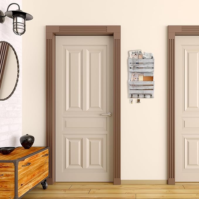 Mail Organizer Wall Mount with 4 Key Hooks, Rustic Wooden Hanging Mail Sorter Farmhouse Key Holder for Wall Decoration, 2-Slo