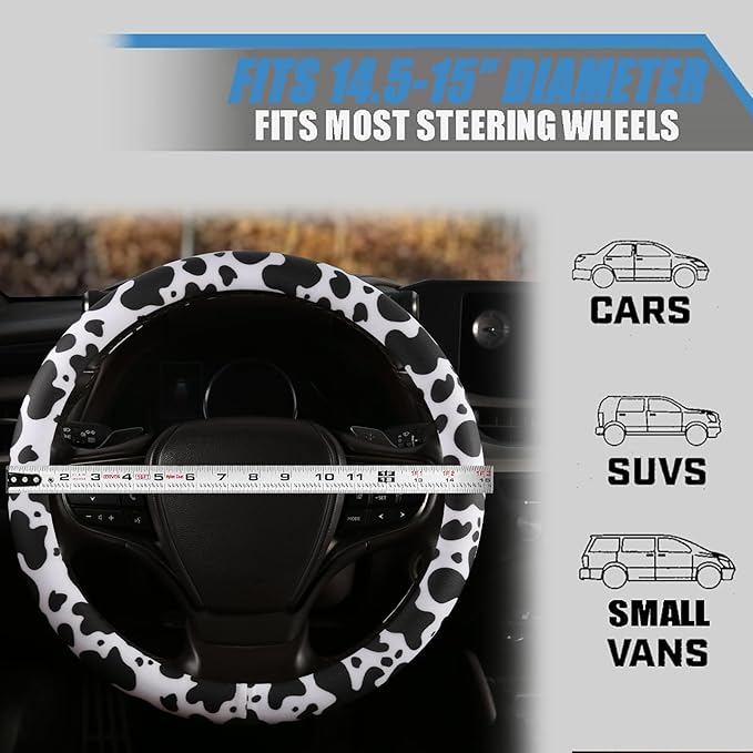 Cow Print Steering Wheel Cover with Silicone Inner Ring, Non-Toxic, Odorless Silicone Leather with Non-Fading Cow Pattern for