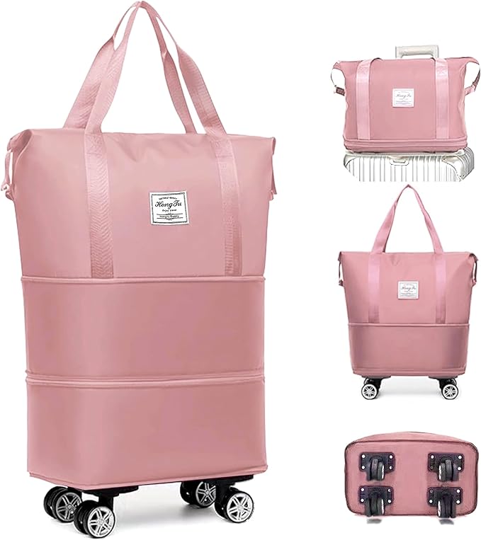 Expandable Foldable Duffel Bag with Detachable Rolling Wheels, Large Carry-On Luggage for Travel, Gym, Camping, Shopping, Business Trip (Pink)