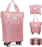 Expandable Foldable Duffel Bag with Detachable Rolling Wheels, Large Carry-On Luggage for Travel, Gym, Camping, Shopping, Business Trip (Pink)