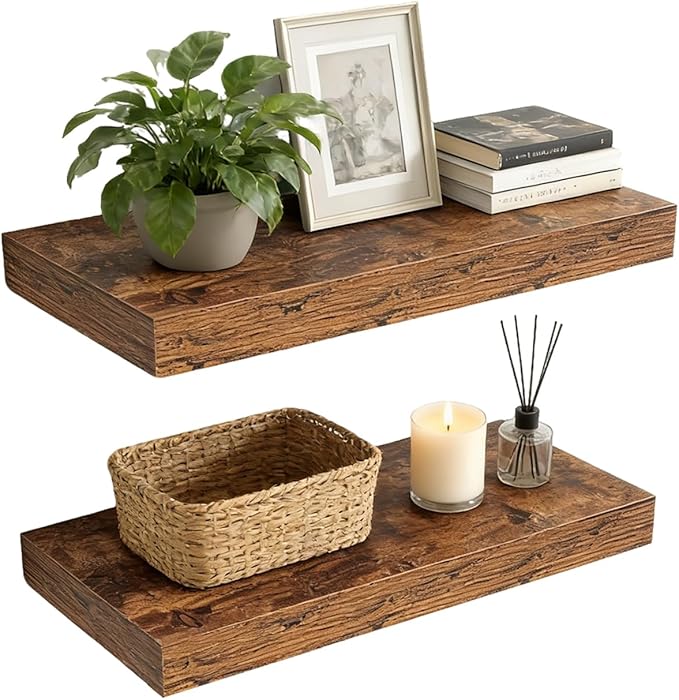 15.7 inch Rustic Brown Floating Shelves Set of 2, Solid Wood Wall Mounted Shelves, Heavy Duty Display Storage Shelves for Bed