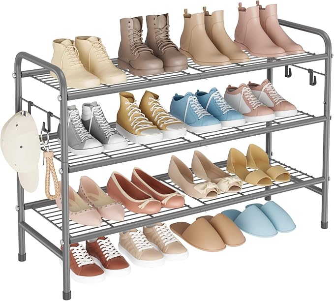 VILICK 3 Tier Shoe Rack 33" Wide Metal Shoe Organizer Long Shoe Storage with 4 Side Hooks Sturdy Shoes Shelf for Front Door E