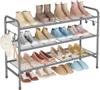 VILICK 3 Tier Shoe Rack 33" Wide Metal Shoe Organizer Long Shoe Storage with 4 Side Hooks Sturdy Shoes Shelf for Front Door E