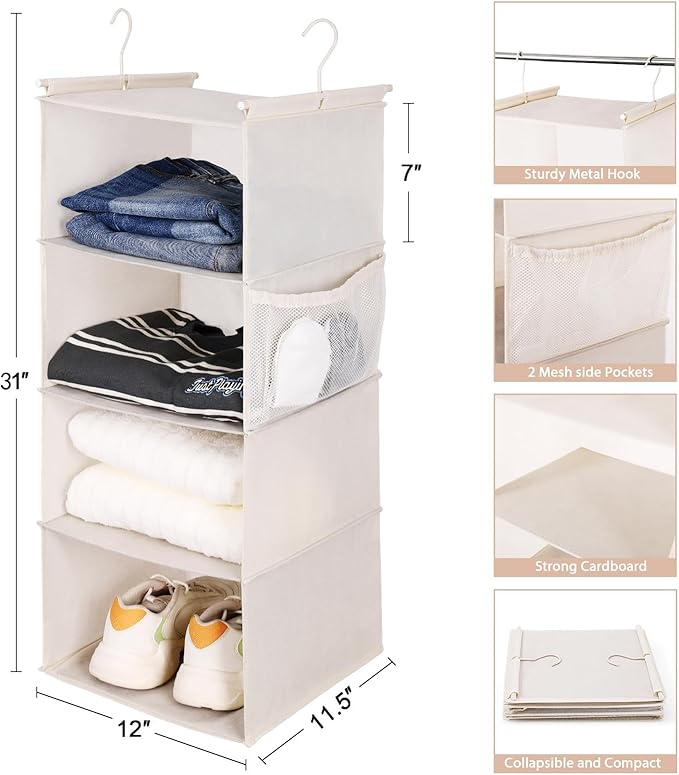MAX Houser 4 Tier Shelf Hanging Closet Organizer, Space Saver,Closet Hanging Shelf with 2 Sturdy Hooks for Storage, Foldable 