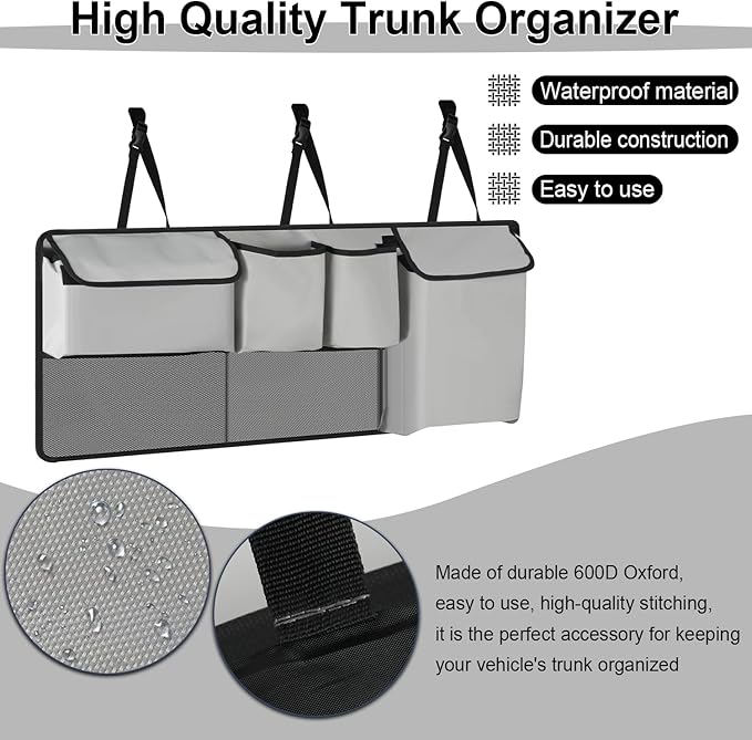 UYYE Trunk Hanging Organizer, Backseat Storage Bag, Collapsible Car Interior Accessories with 4 Pockets & 2 Mesh Pouches for