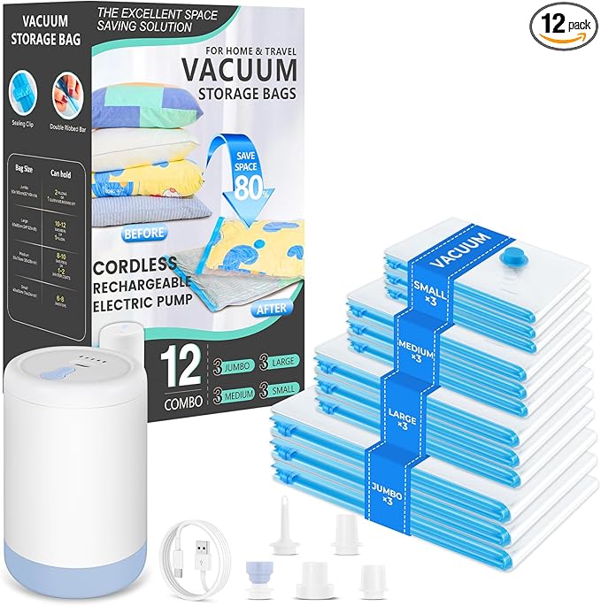 Vacuum Bags for Travel with Portable Electric Pump,12 Pack Vacuum Seal Bags for Luggage and Suitcase Compression, Space Saver
