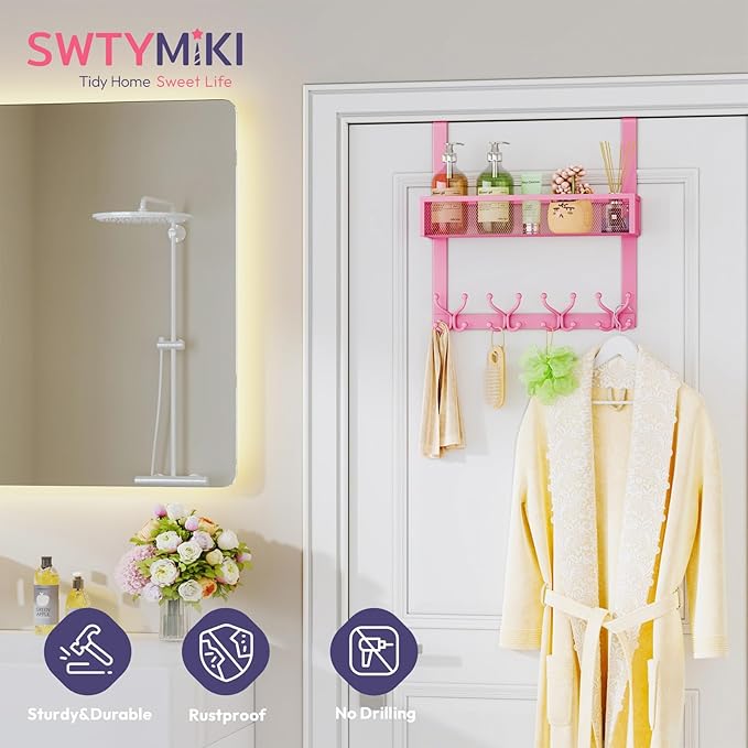SWTYMIKI Over The Door Hook with 16 Hooks & Mesh Baskets - Heavy Duty Over The Door Organizer Hanger for Towels, Coats, Cloth