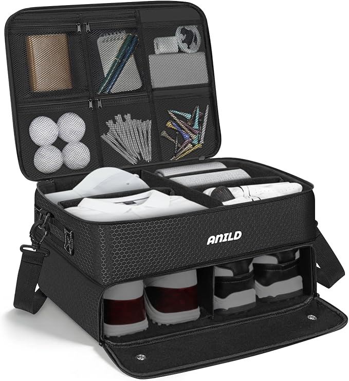 ANILD Golf Trunk Organizer, 2 Layer Golf Storage Case with Separate Ventilated Compartment for 2 Pair Shoes, for Balls, Tees,