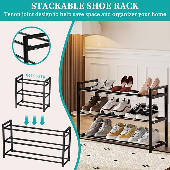 EKETE Expandable Shoe Rack,Adjustable and Stackable 3-Tier Shoe Rack Organizer, Shoe Rack for Closet,Space Saving,Metal Free 