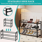 EKETE Expandable Shoe Rack,Adjustable and Stackable 3-Tier Shoe Rack Organizer, Shoe Rack for Closet,Space Saving,Metal Free 