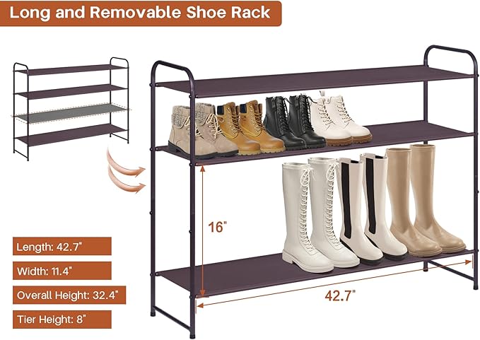 KIMBORA 4 Tier Long Shoe Rack for Closet, Wide Shoe Storage Organizer Stackable Sneaker Shelf for Floor, Bedroom 30 Pairs (Br