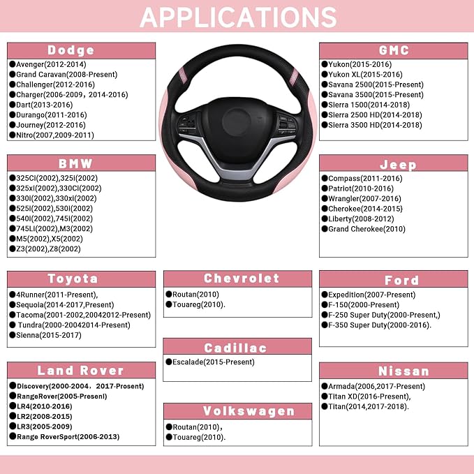 Cxtiy Pickup Truck Steering Wheel Cover – Sproty Fahsion Premium Leather Universal Non-Slip Steering Wheel Grip Set for Women