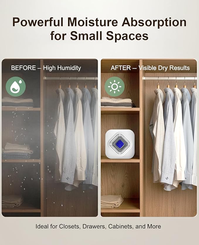 Dehumidifier for Bathroom with Color-Changing Beads, Rechargeable Small Dehumidifier for Closet, Portable Gun Safe