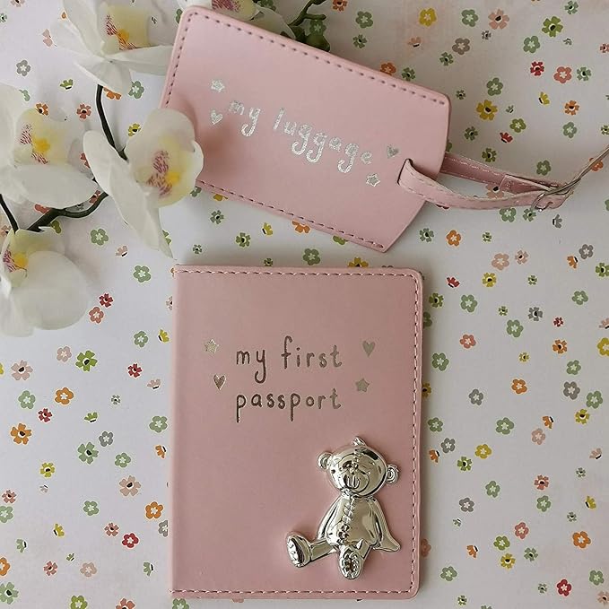My First Passport & Luggage Tag Set with metal teddy icon Pink